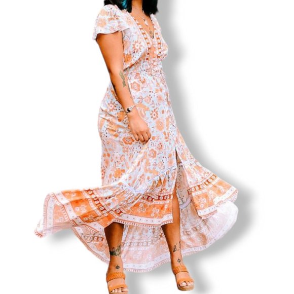 Honey Bunch blue orange + tan floral print high-low boho maxi dress fits AU 8-14 - Picture 6 of 15